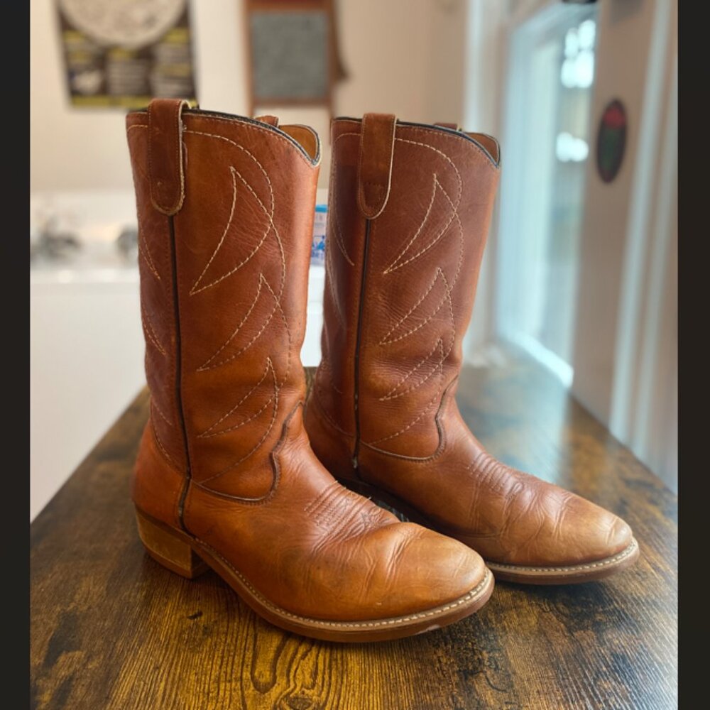 Vintage 1970s Double H Leather Cowboy Boots Men's Size 8.5 Unisex Western